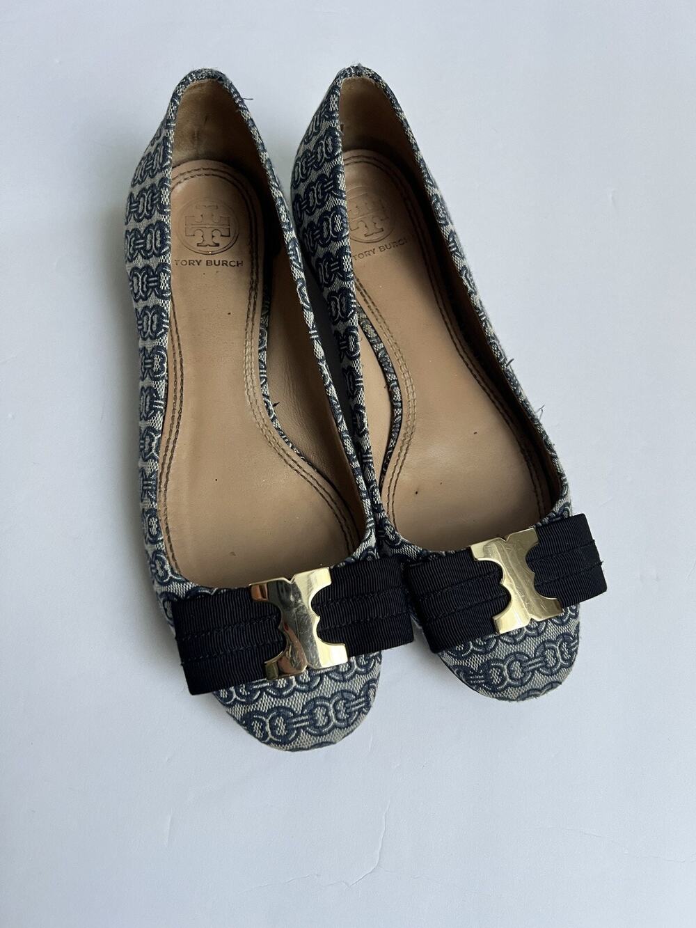 TORY BURCH Navy Blue Gemini Chain Link Leather Comfort Loafers size 6